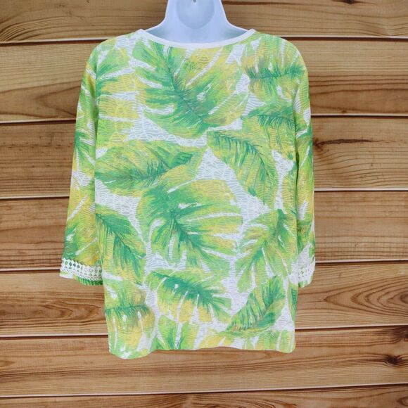 Alfred Dunner Blouse Womens PM Green White Leaves 3/4 Sleeves Embroidered Trim - Picture 2 of 6